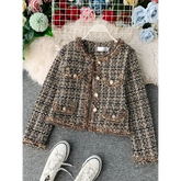 Women’s Vintage Tweed Jacket – Autumn Winter Patchwork Korean Woollen Short Coat Elegant Cropped Outerwear