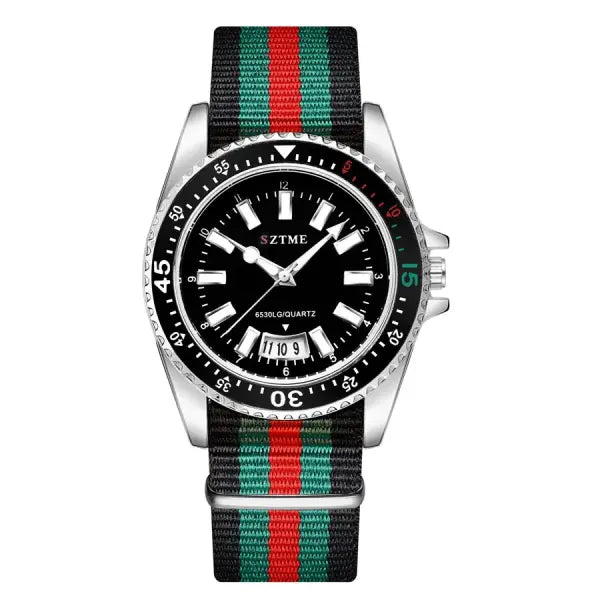 Nylon band material type watch with a complete calendar - Silver Black / Yes