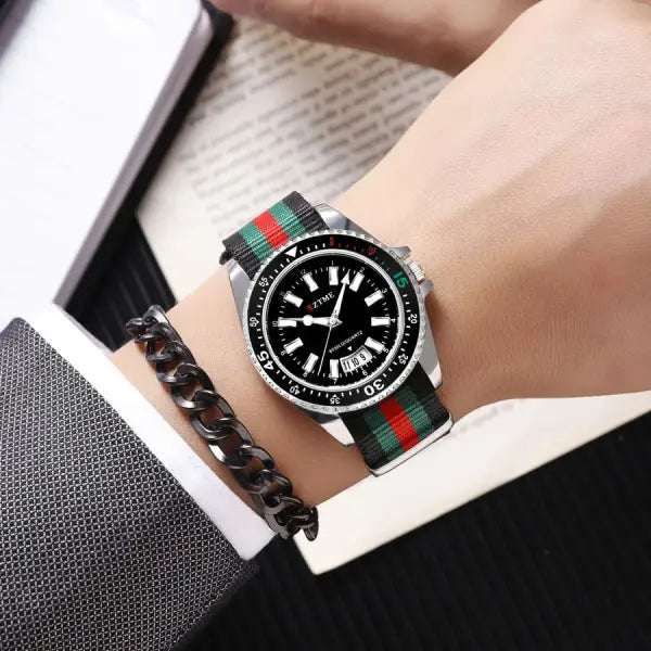 Nylon band material type watch with a complete calendar