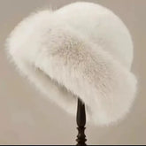Women’s Fluffy Fur Bucket Hat – Plush Winter Warm Fisherman Hat Thick Cozy Snow Day Panama Cap - White