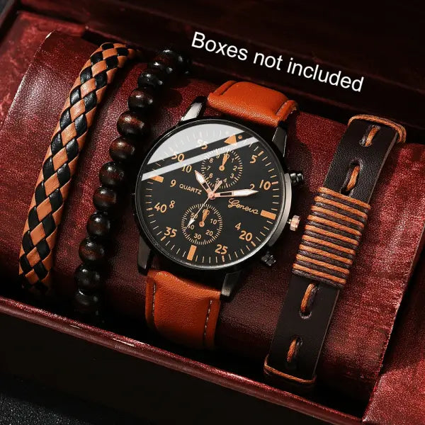 Luxury Hip Hop Men Watch Set with Arabic Numeral Markers - Coffee