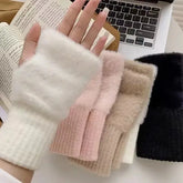 Women’s Mink Fleece Fingerless Gloves – Soft Plush Knitted Half-Finger Winter Warm Solid Color