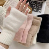 New Mink Fleece Half Finger Gloves for Women’s Soft Winter Warmth Luxury Solid Color Plush Knitted Fingerless Gloves