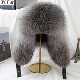 Men’s Winter Real Silver Fox Fur Bomber Hat – Raccoon Fur Ushanka Trapper Cap with Genuine Leather