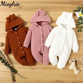 Newborn Baby Hooded Romper – Cute Ears Solid Long Sleeve Bodysuit (0–18 Months) Autumn & Winter Outfit