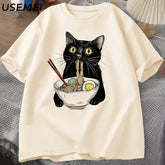 Noodle Ramen Cat T-Shirt Foodie Lover T Shirts Black Cat Noodle T-Shirts Retro Casual Short Sleeve Tshirt for Men Women
