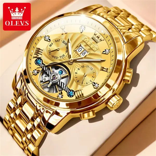 Complete Calendar Stainless Steel Men Automatic Watch - Gold