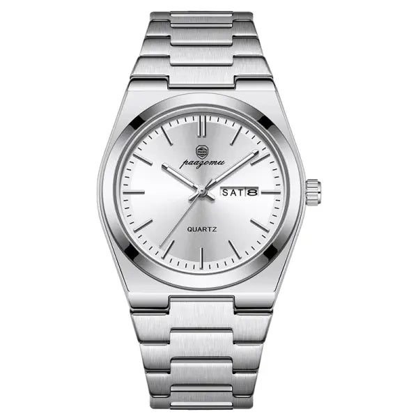 PAAZOMU Luxury Quartz Sport Men Watches Stainless Steel Wristwatch - M930 Silver White