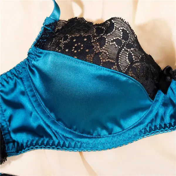 Navy Blue Lace Patchwork Bra Set Seamless Unlined Comfort Style