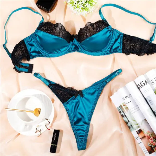 Navy Blue Lace Patchwork Bra Set Seamless Unlined Comfort Style - Navy Blue / L