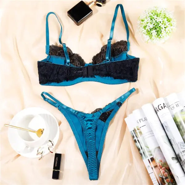 Navy Blue Lace Patchwork Bra Set Seamless Unlined Comfort Style