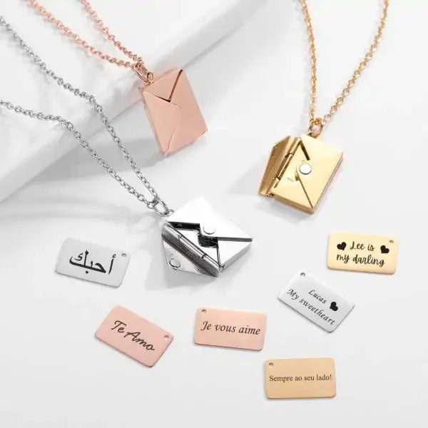 Personalized love letter pendant gold necklace in silver, rose gold, gold with multilingual love messages
