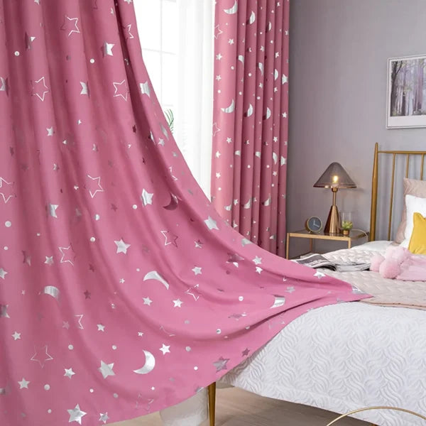 Pink Star Moon Kids Curtains – Thermal Insulated Sheer Bedroom Decor - Himpall