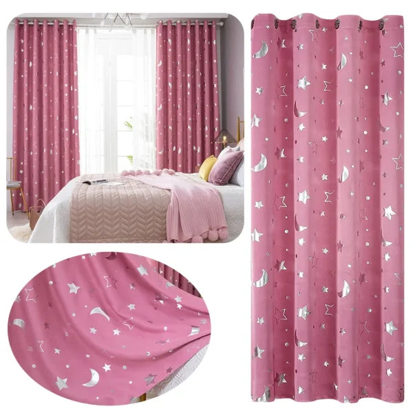 Pink Star Moon Kids Curtains – Thermal Insulated Sheer Bedroom Decor - Himpall