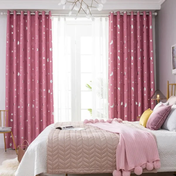 Pink Star Moon Kids Curtains – Thermal Insulated Sheer Bedroom Decor - Himpall