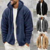 Image of plush hooded jacket in navy, black, gray, and beige with winter fleece double-sided fabric