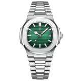 POEDAGAR Luxury Square Men’s Watch with Push Button Hidden Clasp - Silver Green