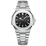 POEDAGAR Luxury Square Men’s Watch with Push Button Hidden Clasp - Silver Black