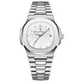 POEDAGAR Luxury Square Men’s Watch with Push Button Hidden Clasp - Silver White