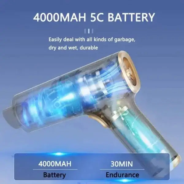 Powerful wireless handheld rechargeable car vacuum with 4000mAh transparent battery and blue illumination