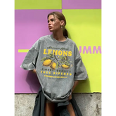 Women’s Premium ’Fresh Lemons’ Washed T-Shirt – Y2K Vintage Fruit Print Cotton Tee Retro Oversized Hip Hop Top Summer