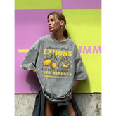 Women’s Premium ’Fresh Lemons’ Washed T-Shirt – Y2K Vintage Fruit Print Cotton Tee Retro Oversized Hip Hop Top Summer