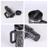 Premium stainless steel vacuum coffee cup with black silver leopard print