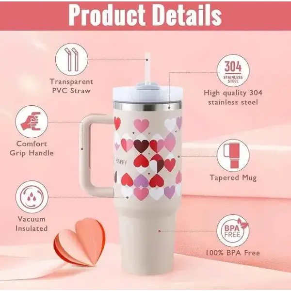 Premium stainless steel vacuum coffee cup with heart patterns and handle