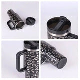 Premium stainless steel vacuum coffee cup with black silver leopard print