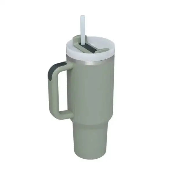 Premium stainless steel vacuum coffee cup in sage green with handle and straw