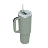 Premium stainless steel vacuum coffee cup in sage green with handle and straw