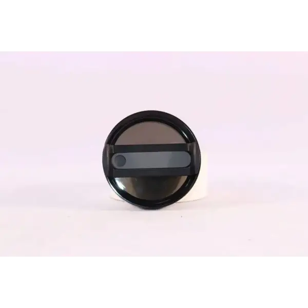 Black plastic knob with gray line on premium stainless steel vacuum coffee cup