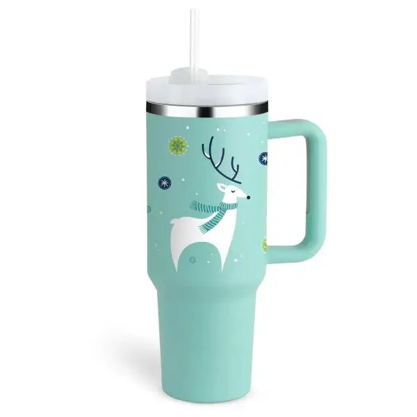 Premium stainless steel vacuum coffee cup with mint green reindeer design