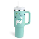 Premium stainless steel vacuum coffee cup with mint green reindeer design