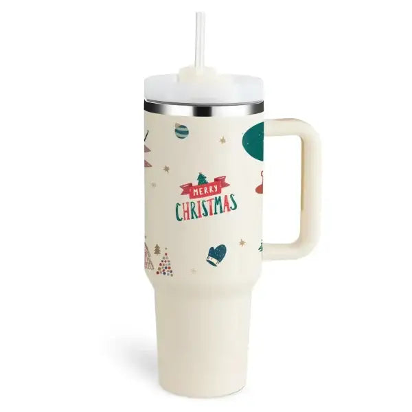 Premium stainless steel vacuum coffee cup insulated tumbler with Christmas decorations and straw