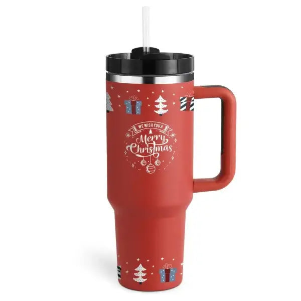 Premium stainless steel vacuum coffee cup with red insulated tumbler and Christmas decorations