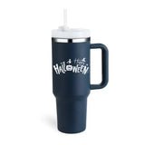 Premium stainless steel vacuum coffee cup with Halloween text and straw