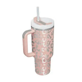 Premium stainless steel vacuum coffee cup with pink silver leopard print