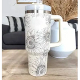 Premium stainless steel vacuum coffee cup with black sunflower sketches