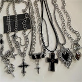 Black Heart Cross Pendant Chain Necklace for Unisex Goth Fashion