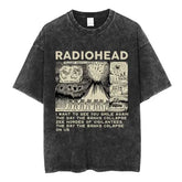 Radiohead Vintage Washed Cotton T-Shirt – Retro Rock Band Graphic Tee Oversized Hip Hop Music Shirt Premium Streetwear
