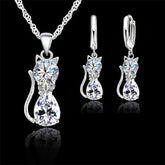 Real 925 Sterling Silver Color Jewelry Sets for Woman Girls Shining Austrian Crystal Cute Cat Pendant Necklace Huggie