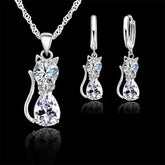 925 Sterling Silver Cat Jewelry Set – Crystal Pendant Necklace & Huggie Earrings for Women & Girls