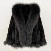 Women’s Real Mink Fur Coat – Knitted Autumn/Winter Shawl Cape with Natural Fox Fur Collar