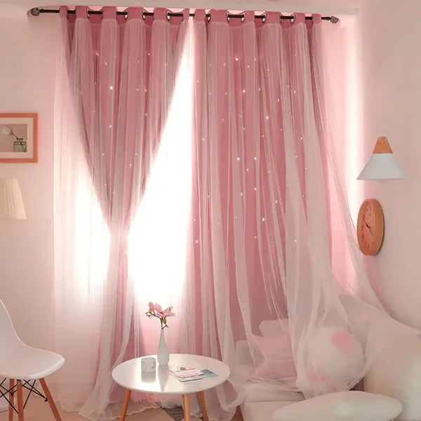 Romantic Sheer Kids Curtains – Double Layer Hollow-Out Stars Drapes - Himpall