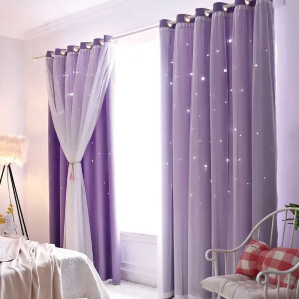 Romantic Sheer Kids Curtains – Double Layer Hollow-Out Stars Drapes - Himpall