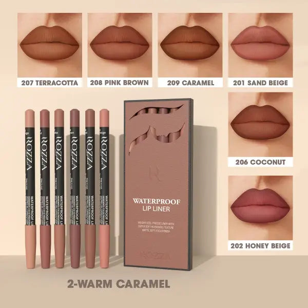 Waterproof Lip Liner Pencil Set 6 Piece Matte Long Lasting Precise - Warm Caramel