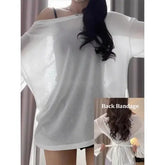 Women’s See-Through Oversized Long Sleeve Tee – Sexy Back Bandage Off-Shoulder Top Korean Chic Sheer Mesh Basic Tee