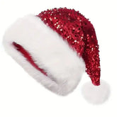 Sequin Christmas Santa Hat – Sparkly Plush Holiday Hat with Fluffy Pom Pom for Adults & Kids - Other / Red 1
