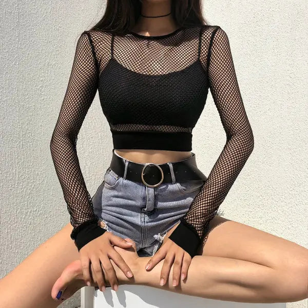 Sexy black hollow crop top for goth rave streetwear